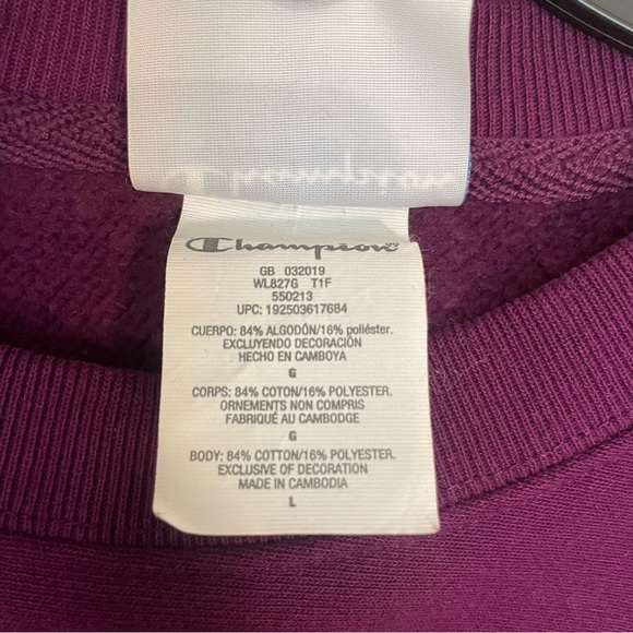 Champion Reverse Weave Crop Cut Off Sweatshirt Spellout Purple Size L STAINED - Picture 4 of 7